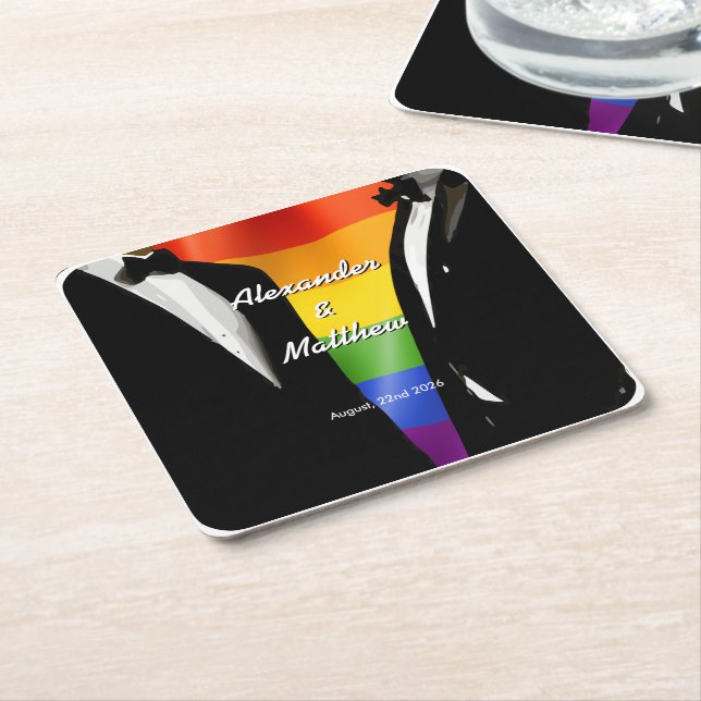 Elegant Modern Gay Men Wedding Rainbow Square Paper Coaster (Angled)