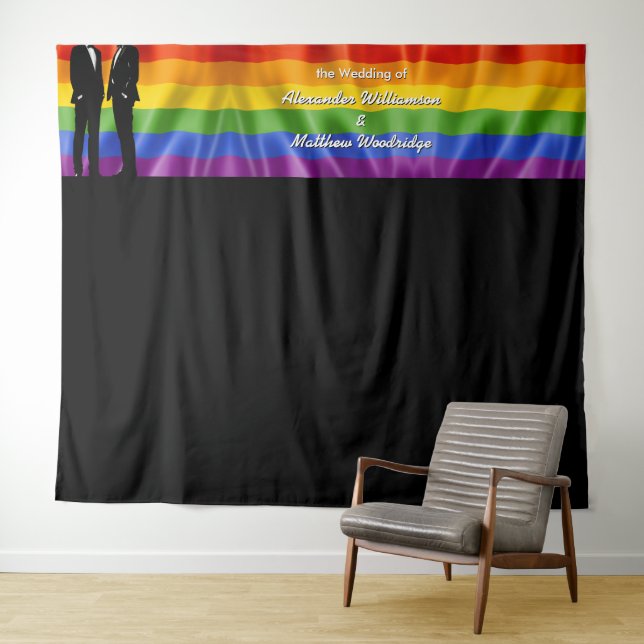 Elegant Modern Gay Men Wedding Rainbow Tapestry (In Situ (Horizontal))