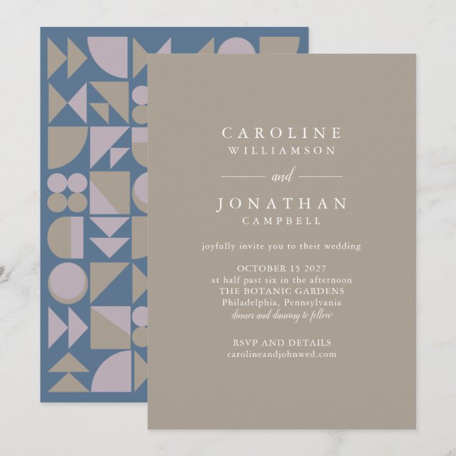 Elegant Modern Geometric Blue Taupe Lilac Wedding Invitation (Front/Back)
