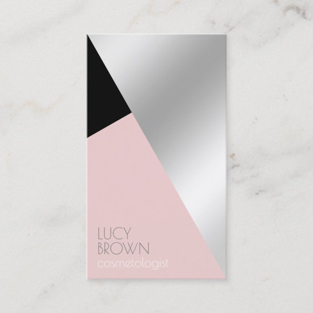 Elegant modern geometric silver cosmetologist business card (Front)