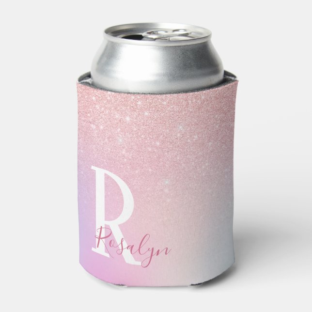 Elegant modern girly ombre pink rose gold glitter can cooler (Can Front)