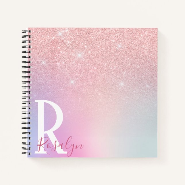 Elegant modern girly ombre pink rose gold glitter notebook (Front)