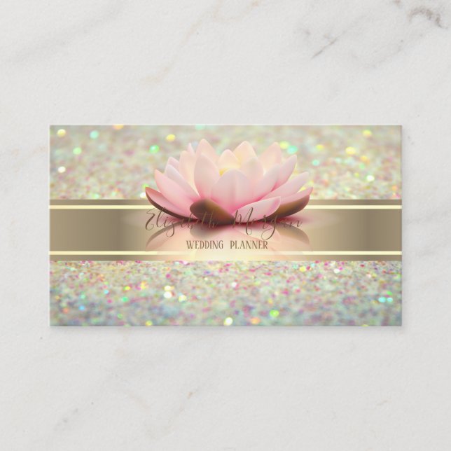 Elegant Modern Glitter Bokeh,Gold Stripe Lotus Business Card (Front)
