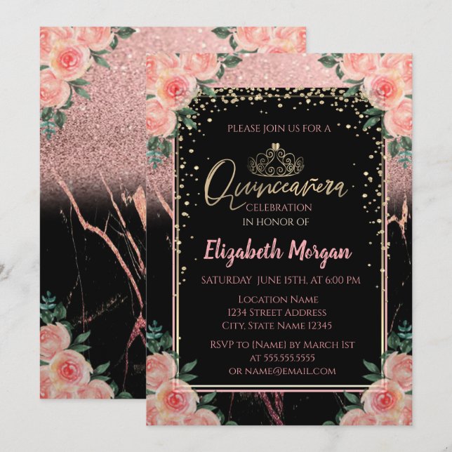 Elegant Modern Glitter Gold Tiara, Marble Flowers Invitation (Front/Back)