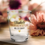 Elegant Modern Glitter Hearts Custom Wedding Party Shot Glass<br><div class="desc">Capturing the beauty of every moment in time. This is a keepsake for your bridesmaids to cherish forever! The modern,  simple calligraphy text design with their name customized makes this an elegant gift that will be treasured always.</div>