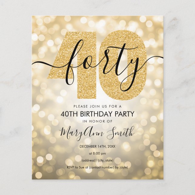 Elegant Modern Gold 40th Birthday Party Invite Flyer (Front)