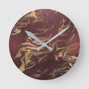 Elegant modern gold and burgundy marble look round clock