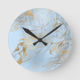 Elegant modern gold and light blue marble glitter round clock