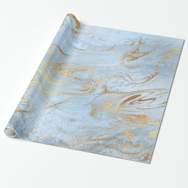 Elegant modern gold and light blue marble glitter wrapping paper (Unrolled)