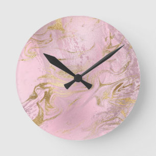 Elegant modern gold and rose gold marble & glitter round clock