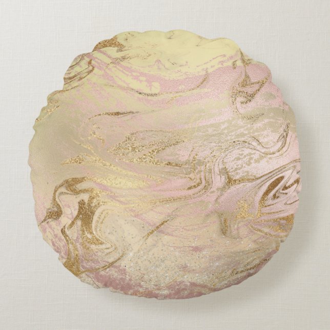 Elegant modern gold and rose gold marble & glitter round pillow (Front)