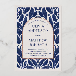 Elegant modern gold arch. Navy blue floral wedding