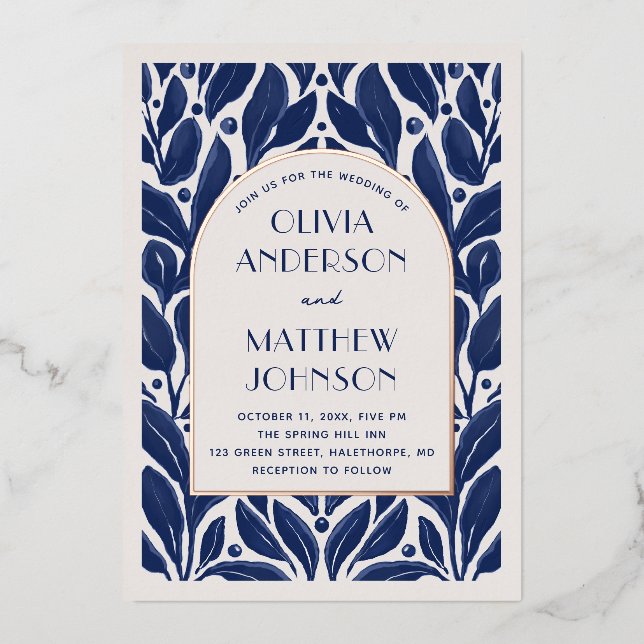 Elegant modern gold arch. Navy blue floral wedding (Front)