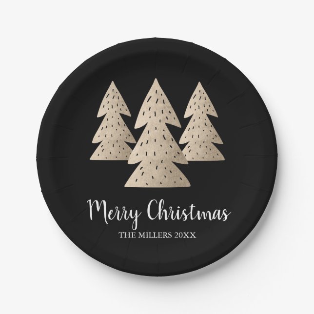 Elegant modern gold & black Merry Christmas tree Paper Plate (Front)