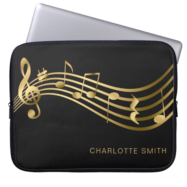 Elegant Modern Gold&Black Music Notes  Laptop Sleeve (Front)