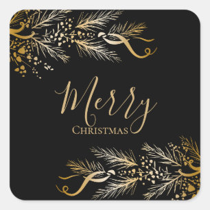Elegant Modern Gold Black Pine Merry Christmas Square Sticker