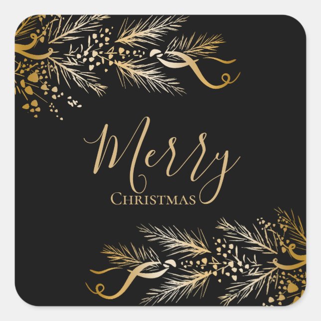 Elegant Modern Gold Black Pine Merry Christmas Square Sticker (Front)