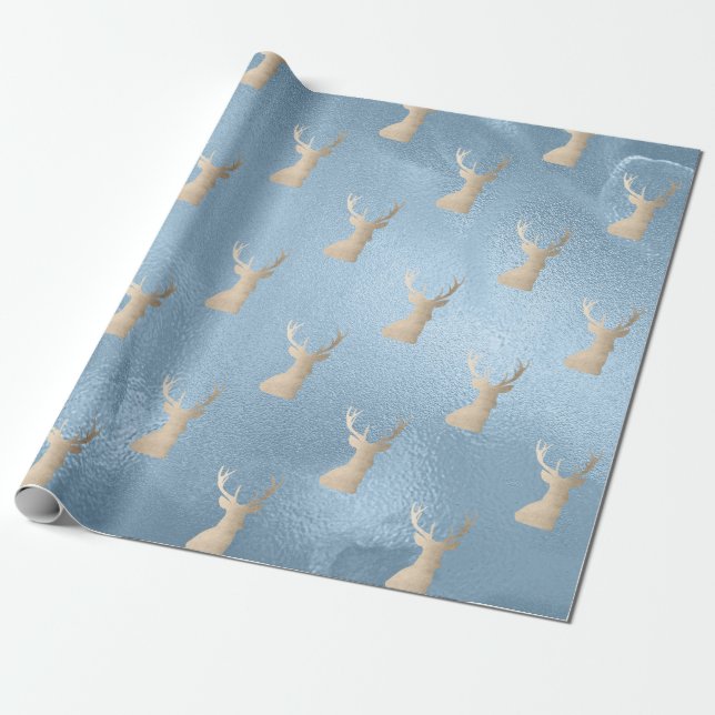 Elegant modern gold blue Christmas deer pattern Wrapping Paper (Unrolled)