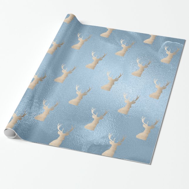 Elegant modern gold blue Christmas deer pattern Wrapping Paper (Unrolled)