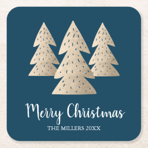 Elegant modern gold & blue Merry Christmas tree Square Paper Coaster