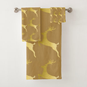 Elegant Modern Gold Christmas Reindeer Pattern Bath Towel Set