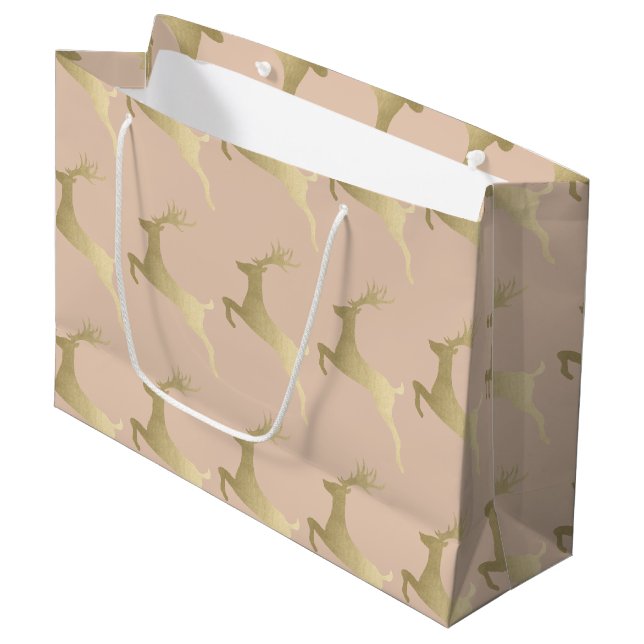 Elegant Modern Gold Christmas Reindeer Pattern Large Gift Bag (Front Angled)