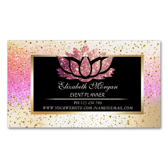 Elegant Modern Gold Confetti,Bokeh Frame Lotus Magnetic Business Card (Front)