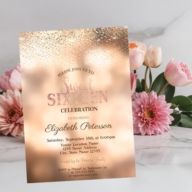 Elegant Modern Gold Confetti,Bokeh Sweet 16 Invitation (Creator Uploaded)