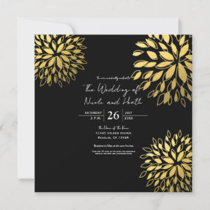 Elegant Modern Gold Floral Black Wedding Invitation