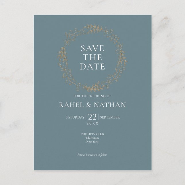 Elegant Modern Gold Floral Garland Save the Date Announcement Postcard (Front)