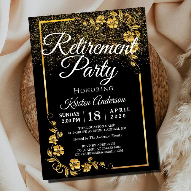 Elegant Modern Gold Floral Retirement Party Invitation (Creator Uploaded)