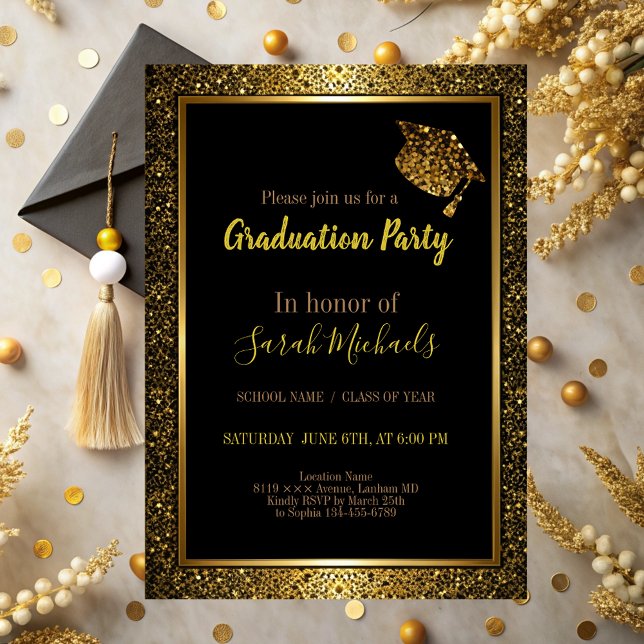Elegant Modern Gold Glitter Graduation Cap  Invitation (Creator Uploaded)