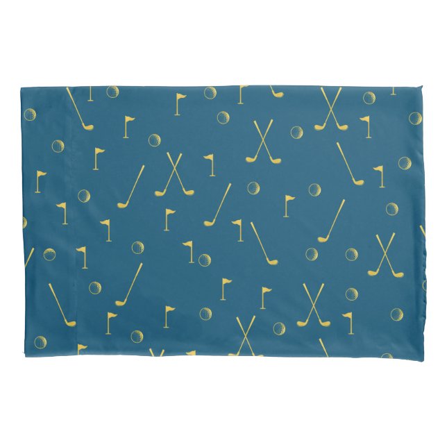 Elegant Modern Gold Golf Pattern Golfer Blue Pillowcase (Front-Left)