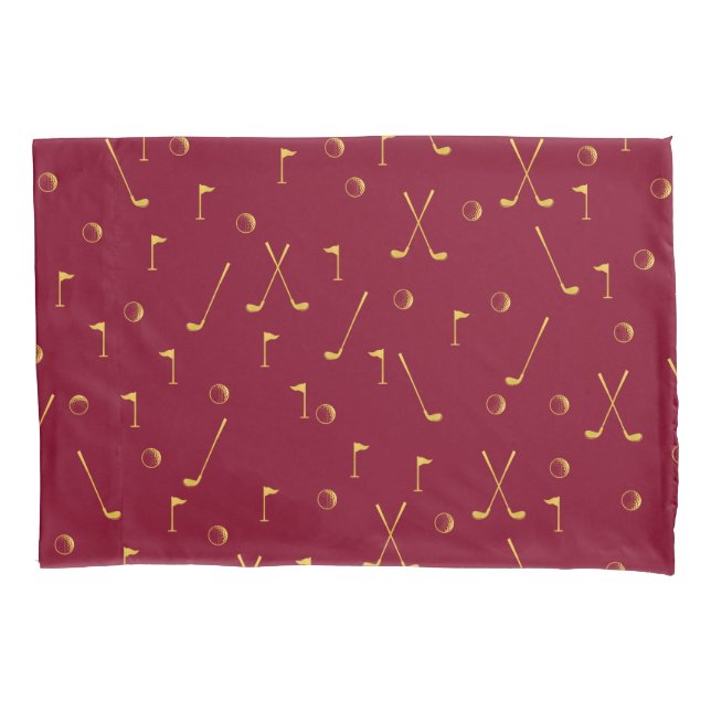 Elegant Modern Gold Golf Pattern Golfer Burgundy Pillowcase (Front-Left)