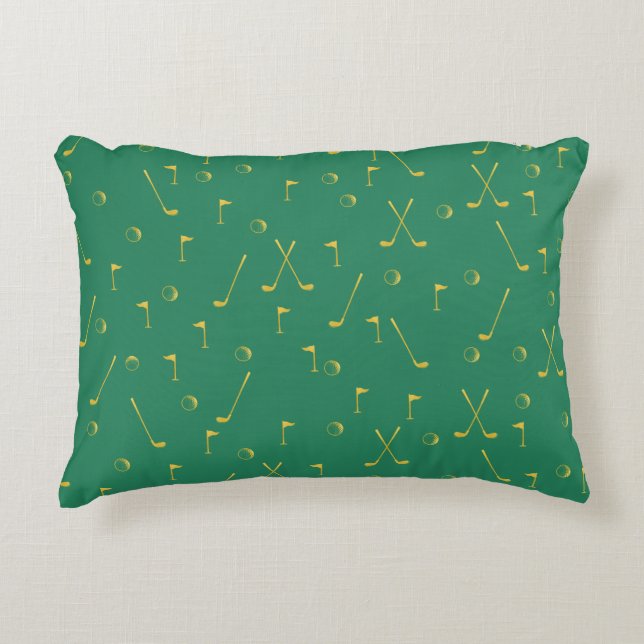 Elegant Modern Gold Golf Pattern Golfer Green Accent Pillow (Front)