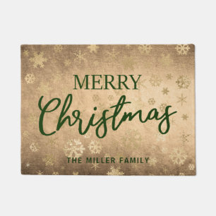 Elegant Modern Gold & Green Merry Christmas Doormat