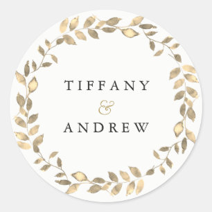 Elegant Modern Gold Leaf Wreath Engagement Party Classic Round Sticker