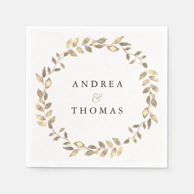 Elegant Modern Gold Leaf Wreath Engagement Party Napkin (Front)