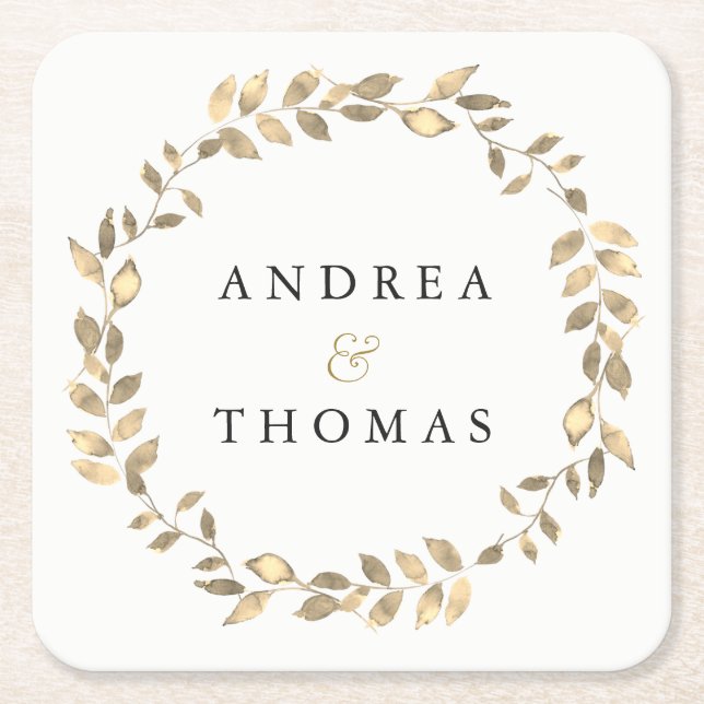 Elegant Modern Gold Leaf Wreath Engagement Party Square Paper Coaster (Front)