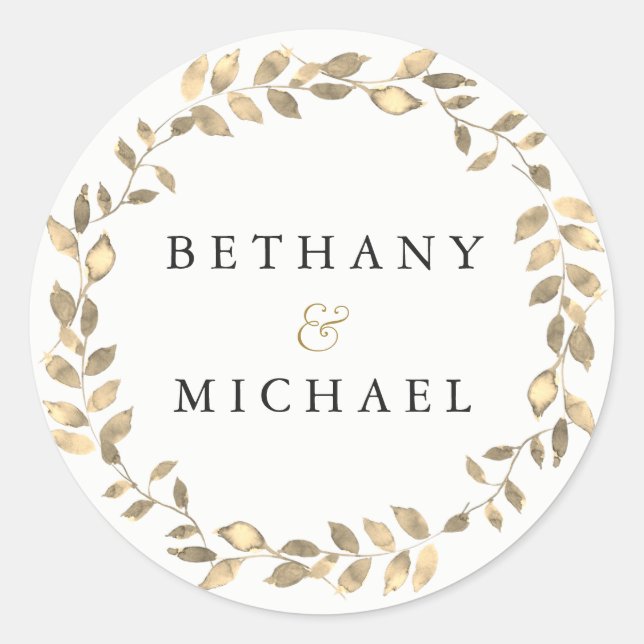 Elegant Modern Gold Leaf Wreath Wedding Name Classic Round Sticker (Front)