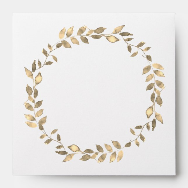 Elegant Modern Gold Leaf Wreath White Wedding Envelope (Front)