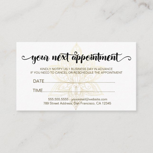 Elegant Modern Gold Lotus Flower Script Appointment Card (Front)