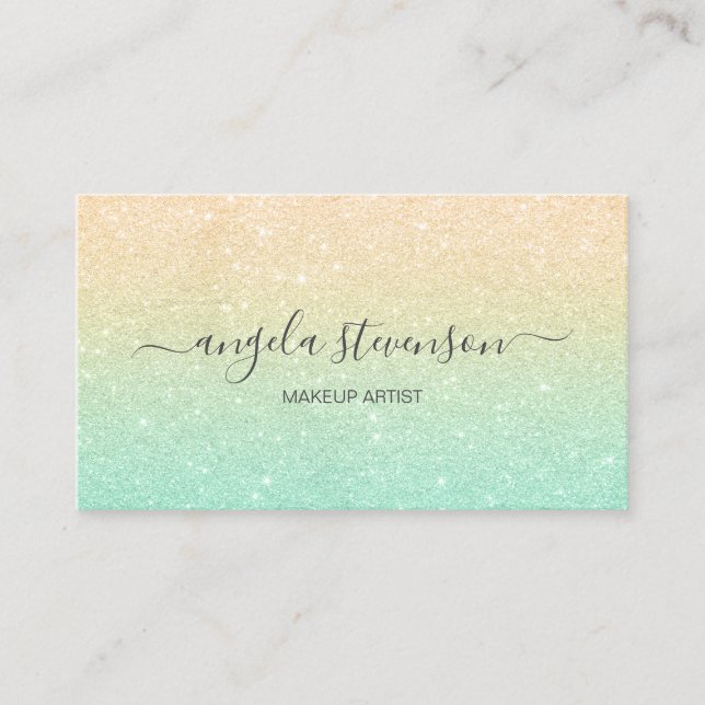 Elegant modern gold & mint glitter makeup artist business card (Front)