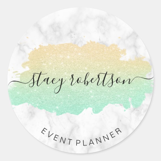 Elegant modern gold & mint glitter planner classic round sticker (Front)