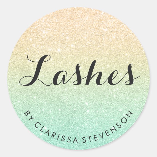 Elegant modern gold & mint green glitter lashes classic round sticker (Front)