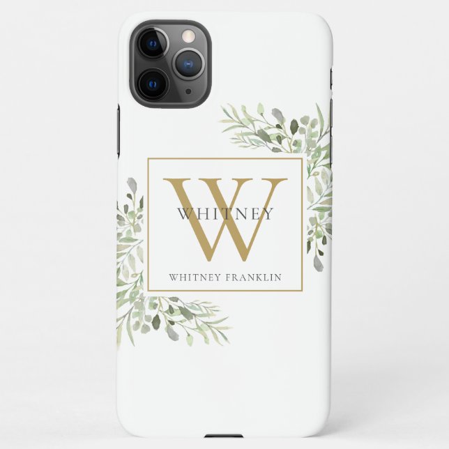 Elegant Modern Gold Monogram Greenery iPhone Case (Back)