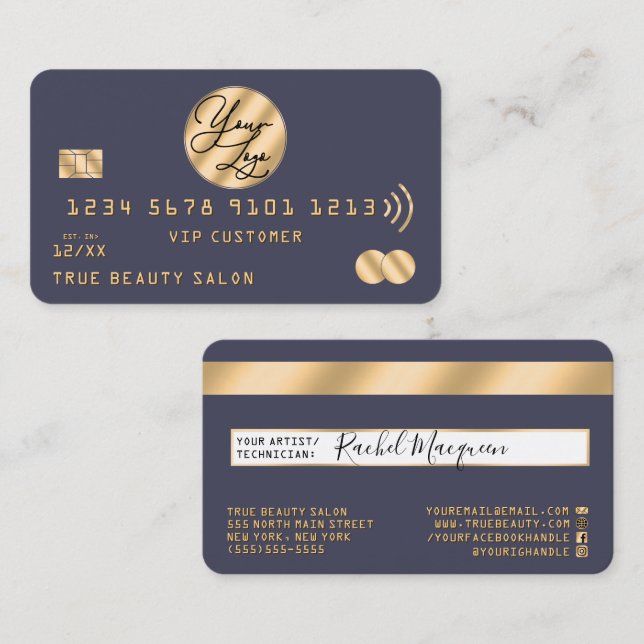 Elegant Modern Gold Navy Blue Credit Card Logo (Front/Back)