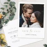 Elegant Modern Gold Photo Save the Date Wedding Announcement Postcard<br><div class="desc">This simply chic photo wedding save the date postcard template features an elegant, minimalist, modern design. Please browse our shop for versions of this design with Save the Date text in other colours, and in a flat card format, too! The front features your first names under your favourite photo and...</div>