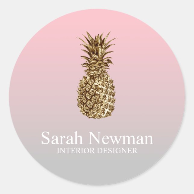 Elegant modern gold pineapple gradient pink classic round sticker (Front)