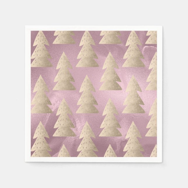 Elegant modern gold & pink Christmas tree pattern Napkin (Front)